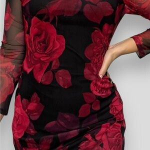 Chic Sexy Long Sleeve Black and Red Floral Dress